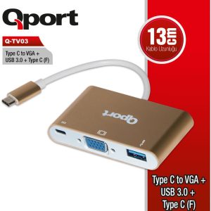 QPORT Q-TV03 0.15metre TypeC-Vga Dişi,USB Çevirici Adaptör Gold 1080p